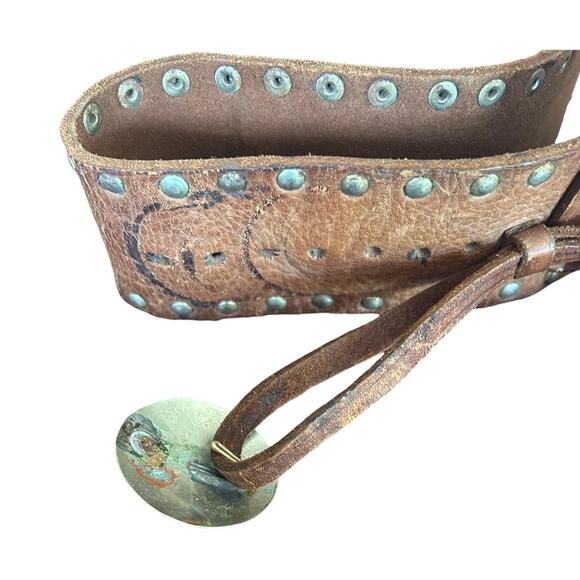 Vintage Studded Leather Wrap Belt Engraved Metal Slide Artisan Boho Adjustable main image 4